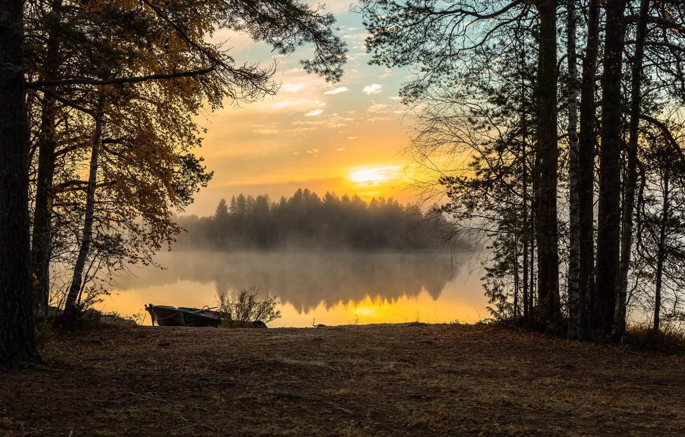 Лодка на берегу озера в туманное утро